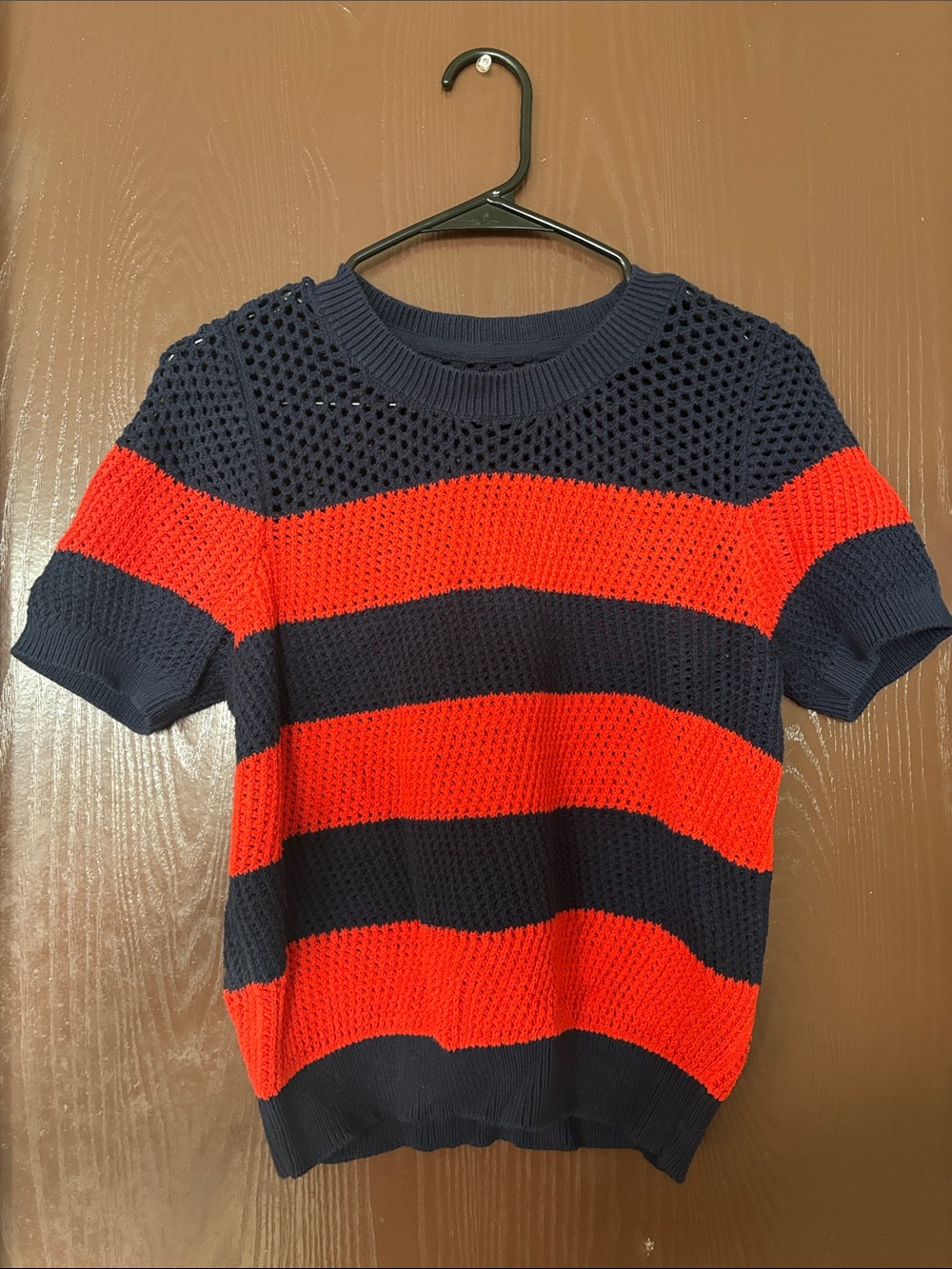Anthropologie Navy and Red Open-Knit Crewneck Sweater